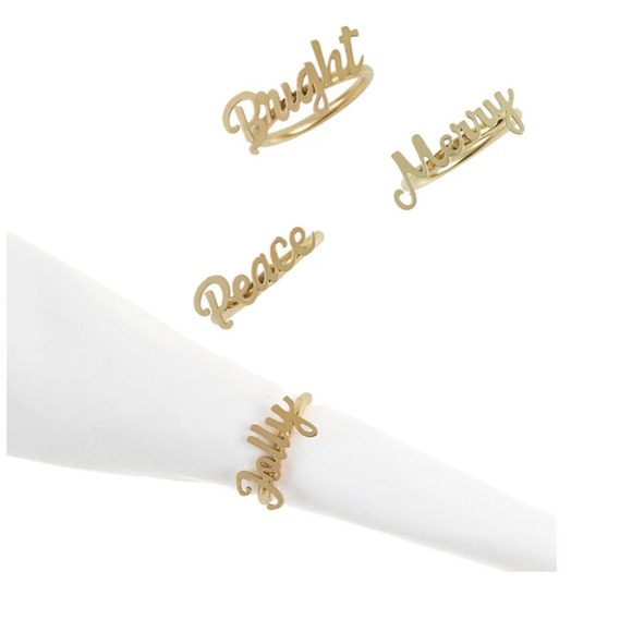 Christmas Napkin Rings Set Of 4 Gold Jolly Merry Peace Bright Bee & Willow NEW - Picture 1 of 8